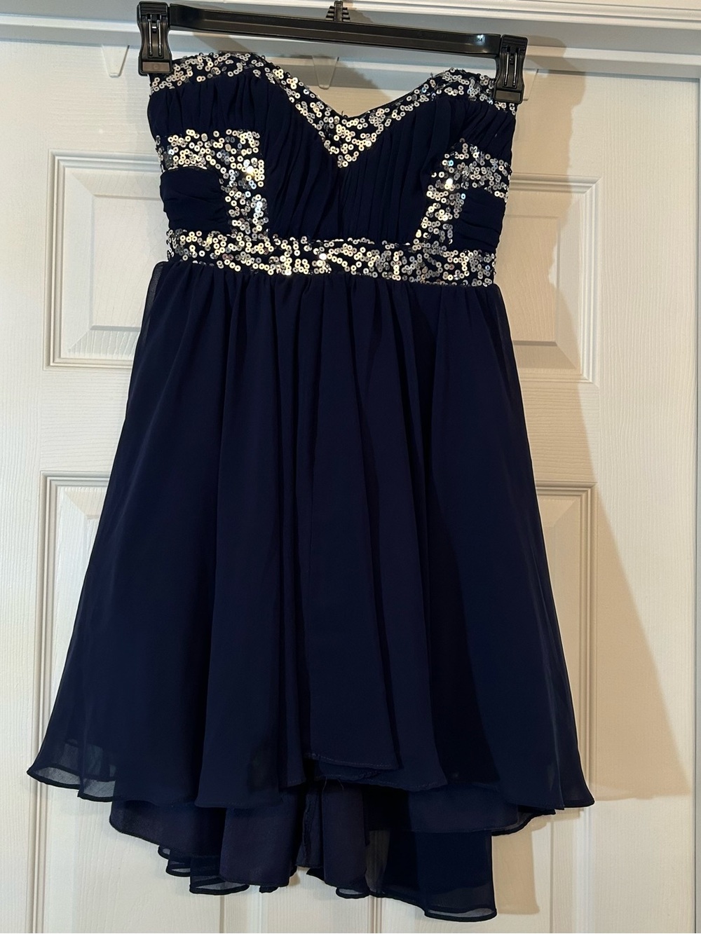 Jodi Kristopher Navy Strapless Dress with Silver Sequin Bodice Size 1